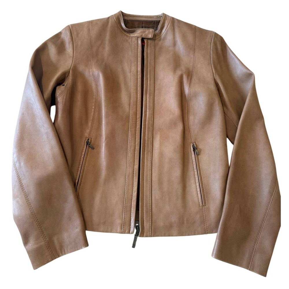 Cole Haan City Womens Tan Brown Lambskin Leather Zip Up Jacket Small M70253-AMB